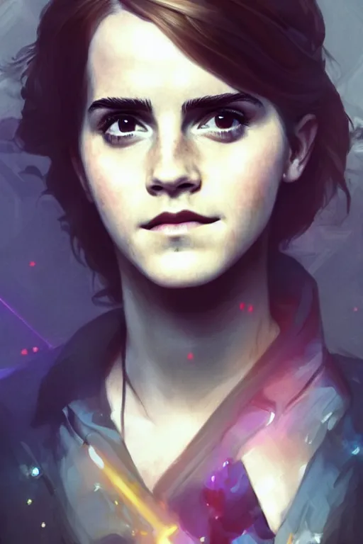 Image similar to portrait of Emma Watson as Hermione Granger in cyberpunk, neon lighting, digital art from artstation by Ruan Jia and Mandy Jurgens and Artgerm and william-adolphe bouguereau and Greg Rutkowski and Wayne Barlowe