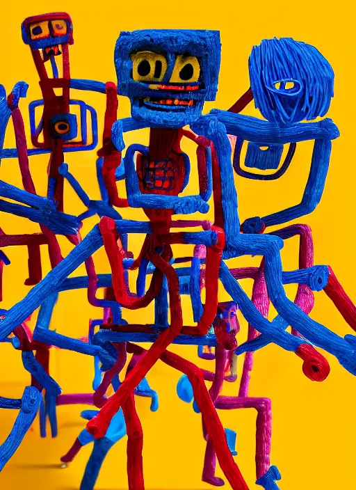 Image similar to room full of giant blue and red people made out of pipecleaners in a baroque style of Jean-Michel Basquiat, 3D cinematic lighting, spotlight at a 90 DEGREE ANGLE, photorealism, octane render, depth of field, 8k, 35mm, artgem, Trending on artstation