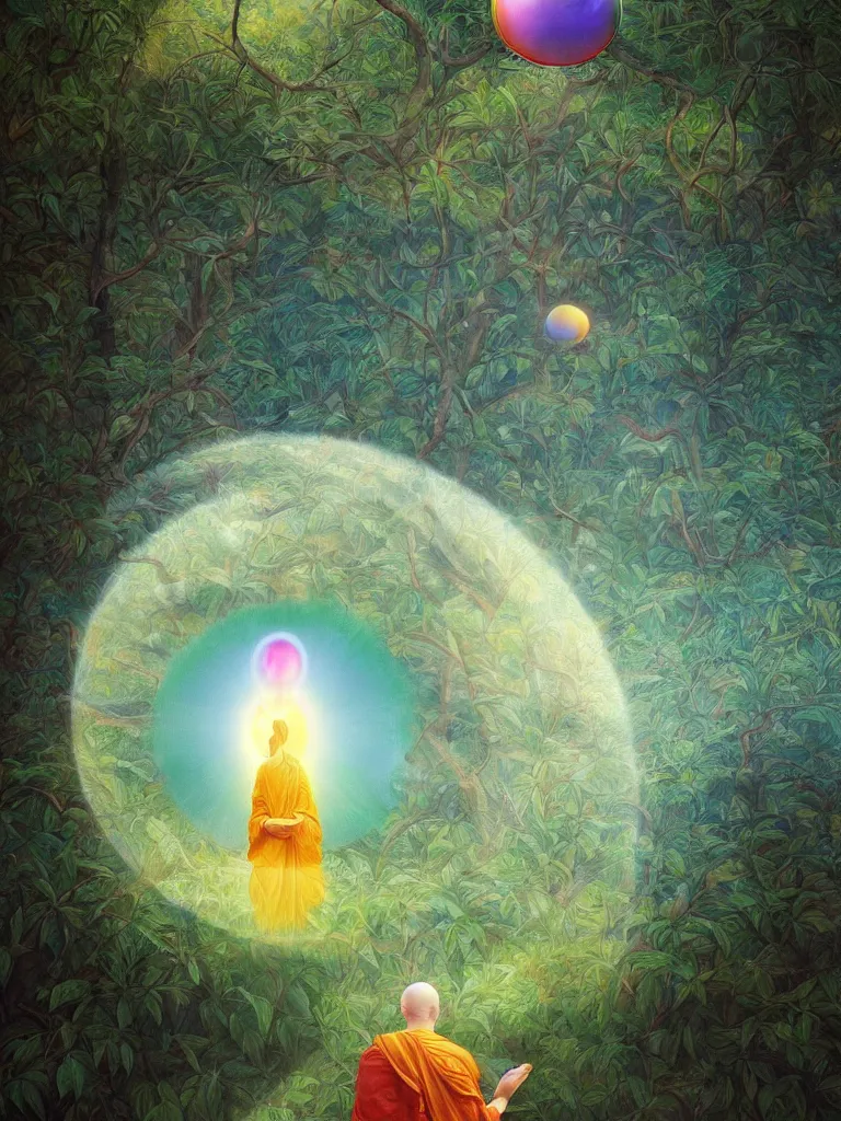 Image similar to neurograph, very very beautiful landscape, an echo a rainbow and a dream, monks praying in a temple forest through a spherical lens, surrealism, intricate, elegant, highly detailed, digital painting, trending on artstation, concept art, sharp focus, by rene magritte, moebius