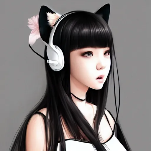 Image similar to realistic detailed semirealism beautiful gorgeous natural cute Blackpink Lalisa Manoban black hair black cat ears, wearing white camisole outfit, headphones, black leather choker artwork drawn full HD 4K high resolution quality artstyle professional artists WLOP, Aztodio, Taejune Kim, Guweiz, Pixiv, Instagram, Artstation