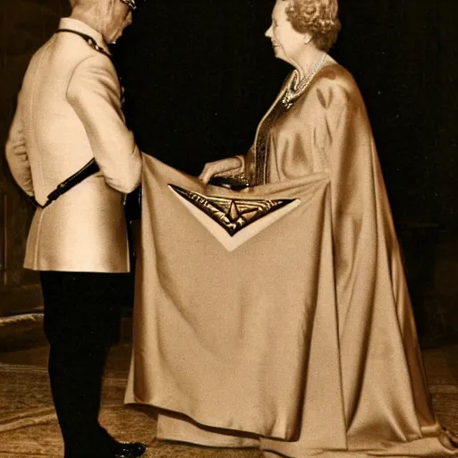 Image similar to queen Elizabeth II wearing a Masonic apron