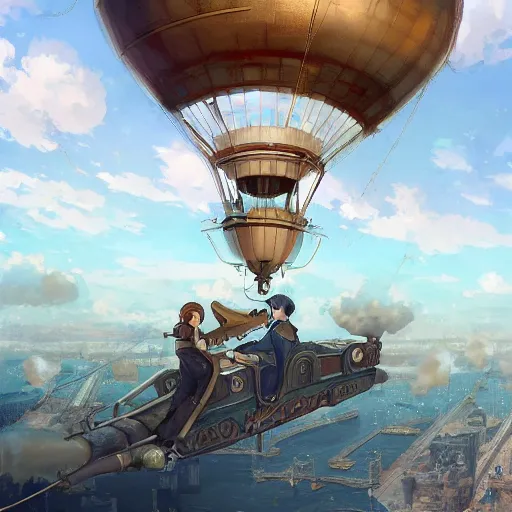 Prompt: a boy and a girl in a steam punk airship. By Makoto Shinkai, Stanley Artgerm Lau, WLOP, Rossdraws, James Jean, Andrei Riabovitchev, Marc Simonetti, krenz cushart, Sakimichan, trending on ArtStation, digital art.