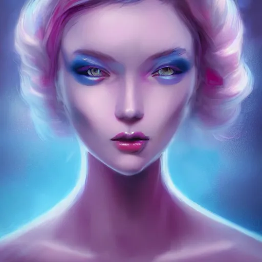 Image similar to A beautiful blue alien woman, pretty, pink smoke, artstation, deviantart, Charlie Bowater