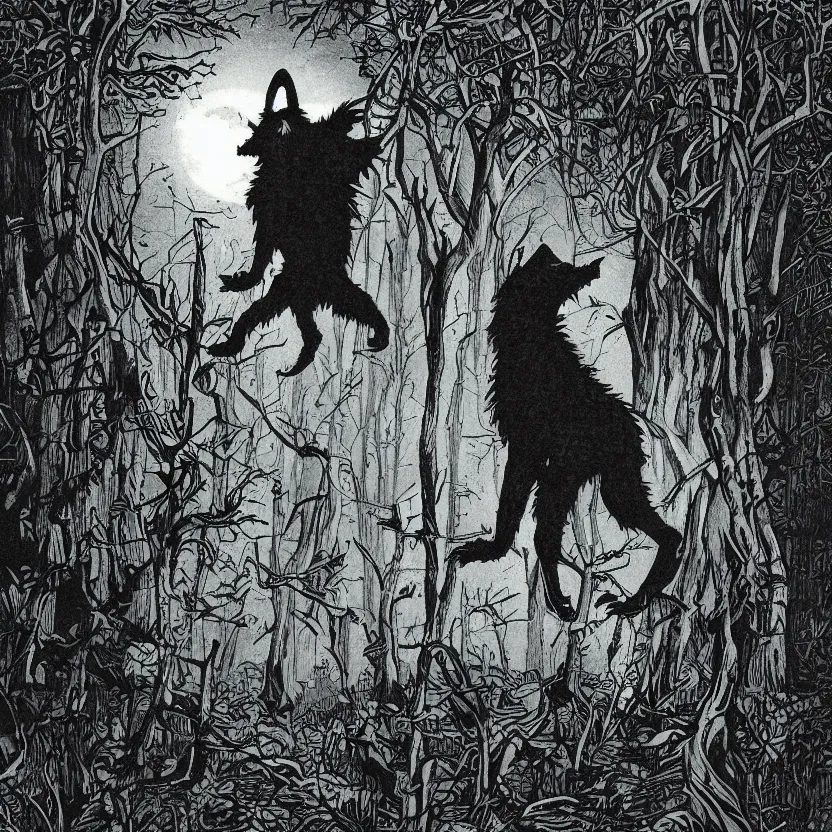 Image similar to werewolf silhouette with many eyes in a dark forest. pulp sci - fi horror art. dark background