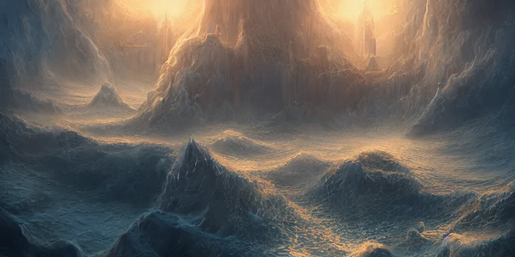 Image similar to Paintings based on Atlantis, intricate, elegant, fantasy, highly detailed, digital painting, shallow focus, illustration, beautiful volumetric lighting, epic light, trending on Artstation.