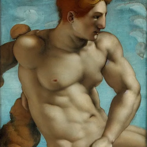 Image similar to an athletic beautiful young mermaid male painted by michelangelo