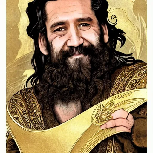 Prompt: art nouveau portrait of clive owen as a dwarven barbarian with full luscious groomed beard, long flowing dark hair, a cheeky smile, gold filigree, mucha