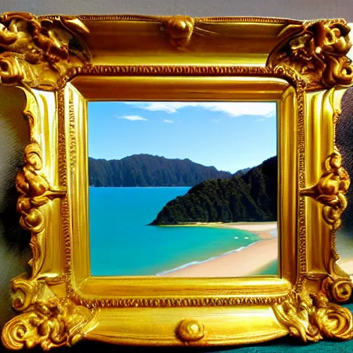 Image similar to golden bay abel tasman new zealand, rococo art style, highly detailed