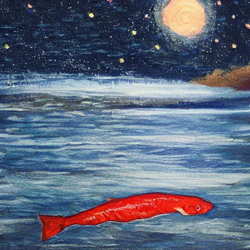 Prompt: starry nigh, salmon jumping out of a river