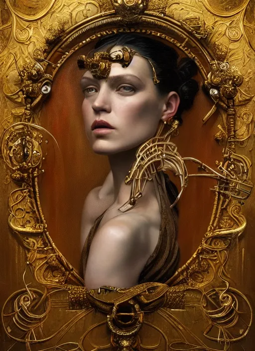 Image similar to highly detailed oil painting | very intricate | cinematic lighting | award - winning | portrait of the goddess of cyberpunk dressed by alexander mcqueen | by roberto ferri, by tom bagshaw, by j. c. leyendecker and klimt, american romanticism, by austin osman spare, artstation, cgsociety, official art, octane