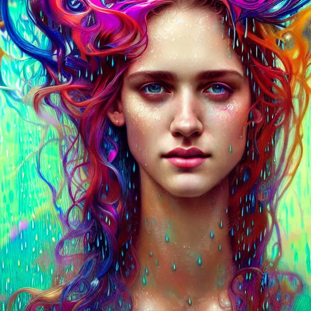 Prompt: bright psychedelic portrait with rain on face and wet hair, smiling, diffuse lighting, fantasy, intricate, elegant, highly detailed, lifelike, photorealistic, digital painting, artstation, illustration, concept art, smooth, sharp focus, art by John Collier and Albert Aublet and Krenz Cushart and Artem Demura and Alphonse Mucha