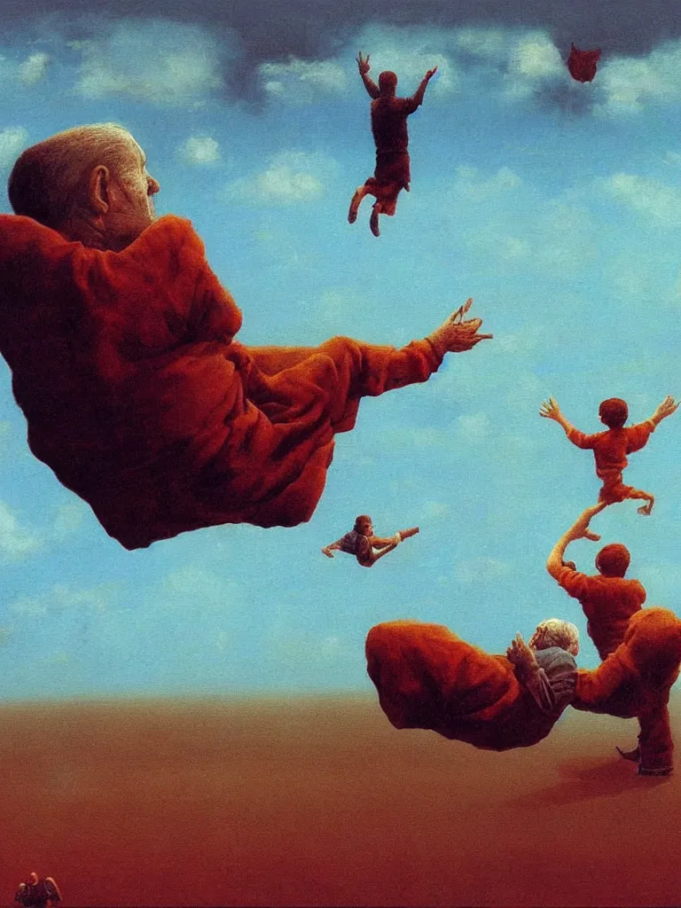 Prompt: boy flying in skies , old couple sitting on a couch, psx game graphics , Beksinski painting