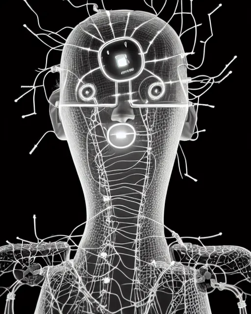 Image similar to black and white cyborg - plant goddess high quality photo, microchip, artificial intelligence, bio - mechanical bio - luminescence, black wired cables, neurons, nerve cells, cinematic, rim light, photo - realistic, elegant, high detail, 8 k, masterpiece, high fashion, in the style of dora maar