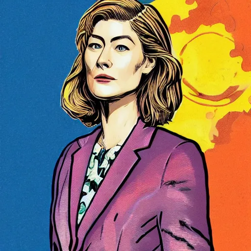 Prompt: rosamund pike as the doctor, dark - hair, wearing a colourful floral pattern suit, bold complementary colours, 2 d matte, graphic novel, art by michael choi and pepe larraz,