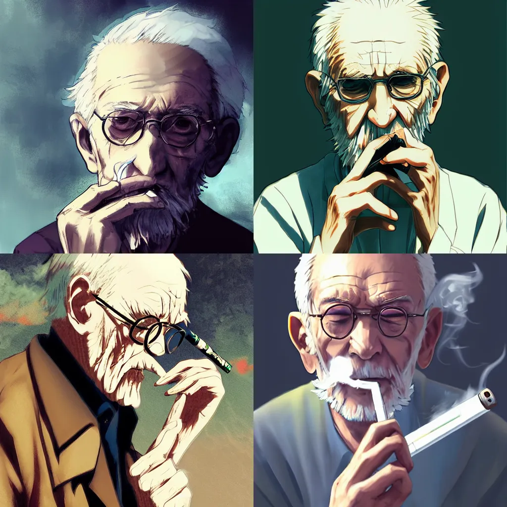 Prompt: anime old man smoking a cigarette, white smoke, chromatic aberration, art by wlop