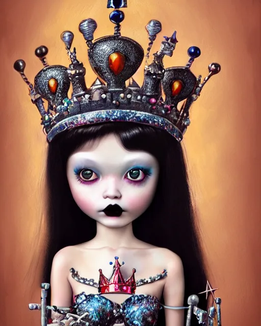 Image similar to closeup profile portrait of a tin toy goth fairytale princess wearing a crown and sitting on a throne, bikini, hyper realistic, artstation, illustration, concept art by nicoletta ceccoli, mark ryden, lostfish, dan decarlo, bob clampett, max fleischer, digital paint, matte paint, vivid colors, bright, cheerful, detailed and intricate environment