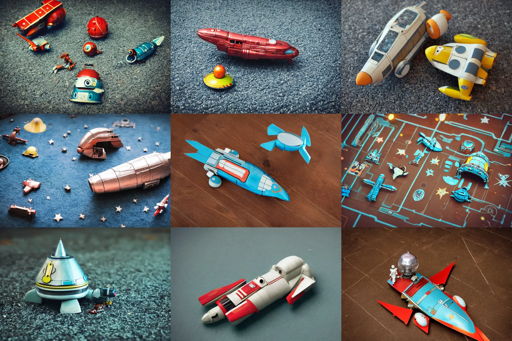 Prompt: photograph cute retro sci - fi metal toy spaceship on the floor