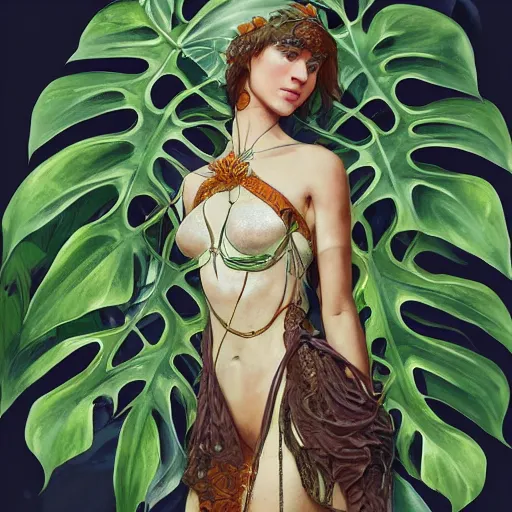 Prompt: a woman monstera druid with monstera leaf themed clothing, fully clothed, D&D, fantasy, intricate, cinematic lighting, highly detailed, digital painting, artstation, concept art, smooth, sharp focus, illustration, art by Artgerm and Greg Rutkowski and Alphonse Mucha