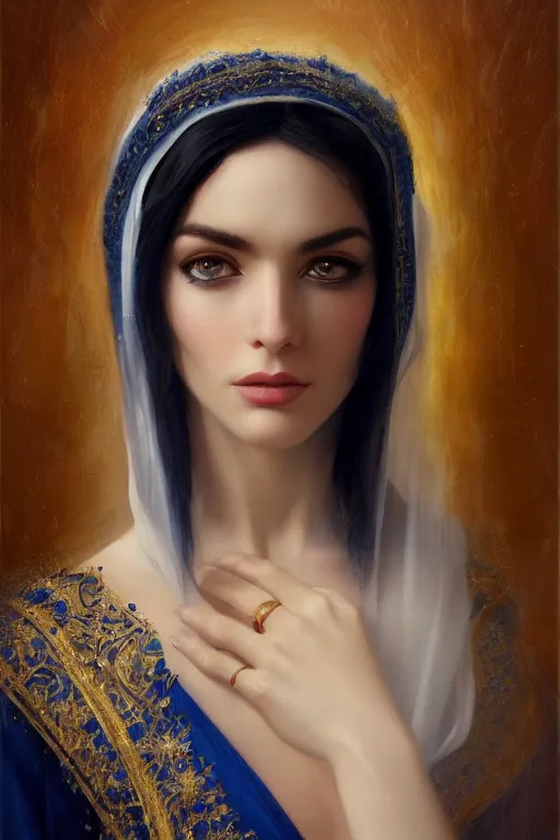 Image similar to Ameera al-Taweel, bright blue eyes, long wavy black hair, white veil, closeup, focus face, elegant, highly detailed, centered, oil painting, artstation, concept art by tom bagshaw