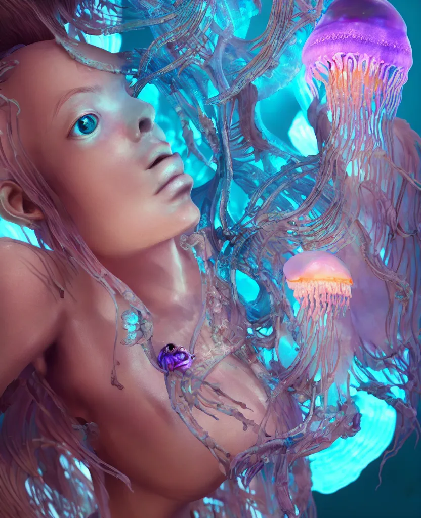 Image similar to goddess close - up portrait human skeleton, ram skull, jellyfish, orchid, betta fish, bioluminiscent, intricate artwork by tooth wu and wlop and beeple. octane render, trending on artstation, greg rutkowski very coherent symmetrical artwork. cinematic, hyper realism, high detail, octane render, 8 k