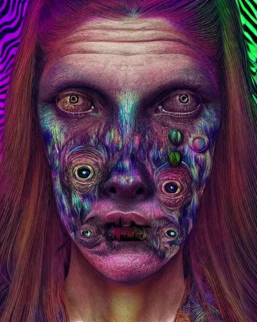 Image similar to realistic portrait of a creature experiment gone wrong, psychedelic, dark art, facing camera, photo realistic, detailed, 1 4 5 0, delicate, hyper realism, ultra realistic, 8 k