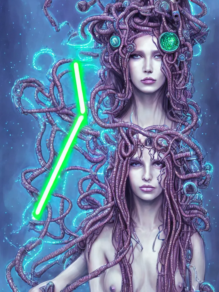 Image similar to half covered body portrait of a beautiful cyber witch medusa, jedi, keys, in a cyberpunk garden, mystic unity, becoming one with the machine overlord, elegant pose, body covers with neon crystals, detailed sketch drawing, concept art, star wars