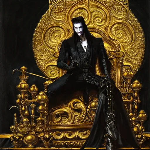 Image similar to perfectly centered portrait of attractive vampire king in gold gothic robe sitting on a throne of black bones, highly detailed painting by gaston bussiere, craig mullins, j. c. leyendecker, 8 k, mid shot