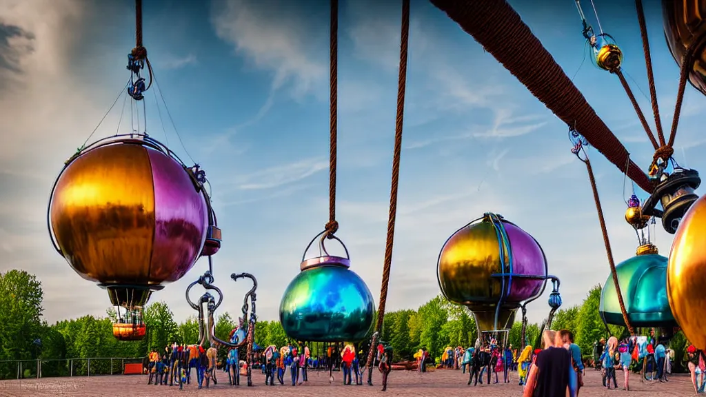 Prompt: large colorful futuristic space age metallic steampunk steam - powered balloons with pipework and electrical wiring around the outside, and people on rope swings underneath, flying high over the beautiful klaipeda in lithuania landscape, professional photography, 8 0 mm telephoto lens, realistic, detailed, photorealistic, photojournalism