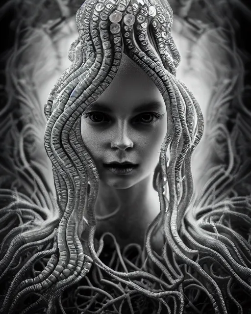 Image similar to mythical dreamy underwater black and white photo of a translucent beautiful female angelic - medusa - vegetal, highly detailed, intricate crystal ivy jelly ornate, poetic, translucent algae ornate, digital art, octane render, 8 k artistic photography, photo - realistic, hg giger