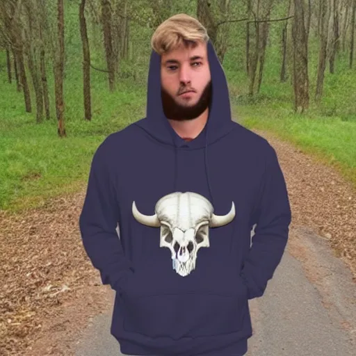Prompt: man in a hoodie with a ram skull for a head