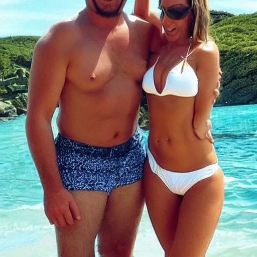 Image similar to photo of a 4 0 year old man that looks young for his age dating a very attractive 2 2 year old woman wearing a bikini. he was 1 8 when she was a newborn baby