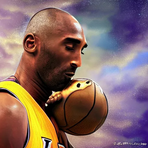 Image similar to kobe bryant kissing a giant turtle in heaven, hyper realistic, side view, digital art, amazing detail, artstatiom, cgsociety, epic art