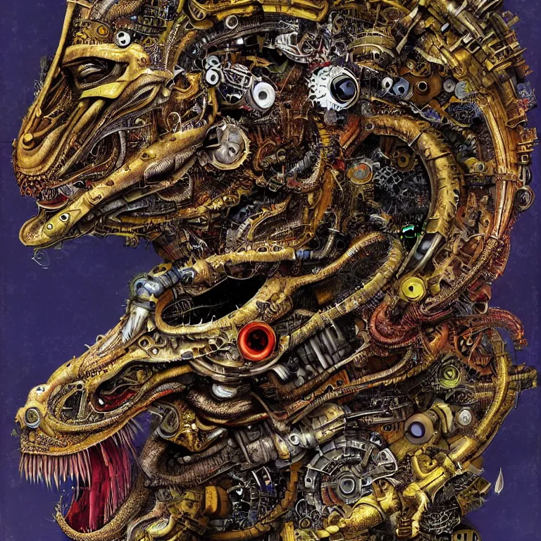 Image similar to profile portrait of a dragon, computer parts, mechanical parts, by giuseppe arcimboldo, steampunk, cyberpunk, futuristic, psychedelic, surreal, sci - fi, vaporwave, alien, dreamlike.