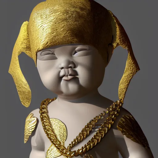 Image similar to a high tech 3 d rendering of a a baby cherub angel wearing a balaclava face mask, ski mask, face covered, covered face, fixed eyes, tattoos, multiple gold cuban chain necklace, concept art octane render, blender,