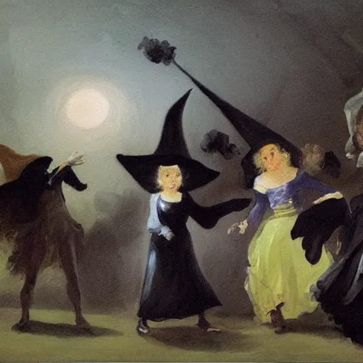 Image similar to a painting of a witches coven in the style of francisco goya