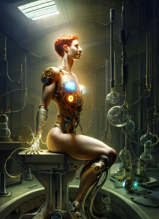 Prompt: cyborg recharging in a lab, diffuse lighting, fantasy, intricate, elegant, highly detailed, lifelike, photorealistic, digital painting, artstation, illustration, concept art, smooth, sharp focus, art by John Collier and Albert Aublet and James jean and Brian froud and ross tran and Artem Demura and Alphonse Mucha