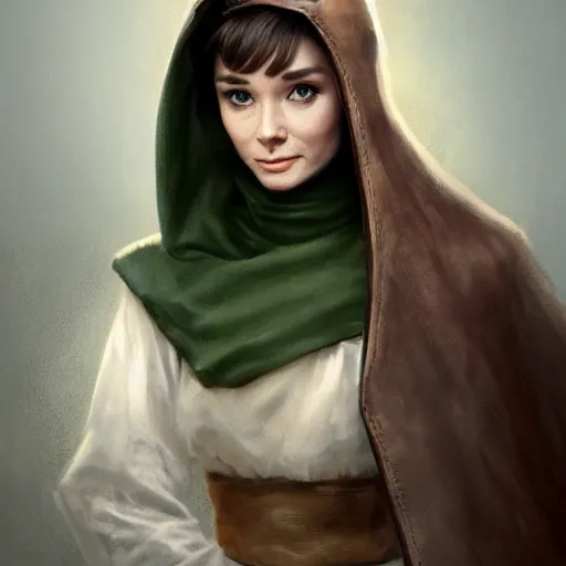 Image similar to a beautiful woman, beauty, looks like Audrey Hepburn, bard, brown hair, messy hairstyle, bangs, cream colored peasant shirt, brown pants, leather boots, dark green cloak, round hood, elf ears, youthful, white background, proportionate, by Greg Rutkowski and Tony Sart, trending on artstation, realistic, highly detailed, masterpiece