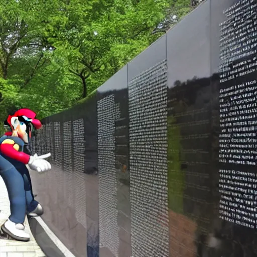 Image similar to mario dabbing, vietnam memorial background