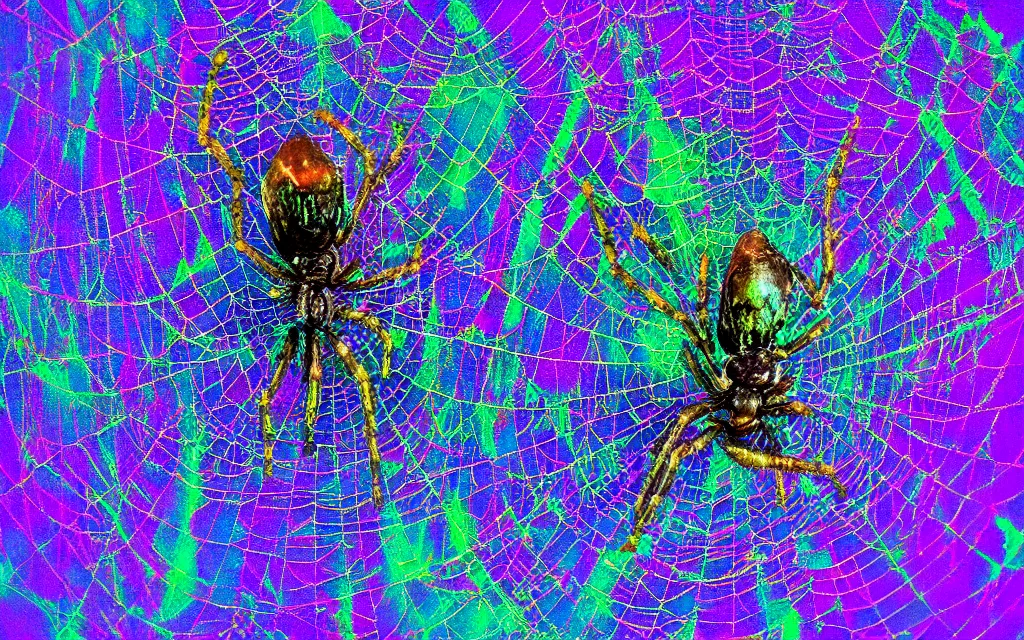 Image similar to adamantine spider spirit iridescent carapace weaving a cosmic web
