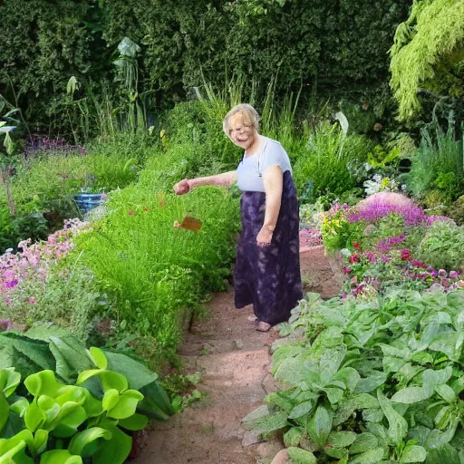 Image similar to a small but beautiful garden filled with medicinal plants that are being looked after by a happy middle aged woman being one with nature, accurate, soft light, high resolution. In the background there is a small but we're she lives