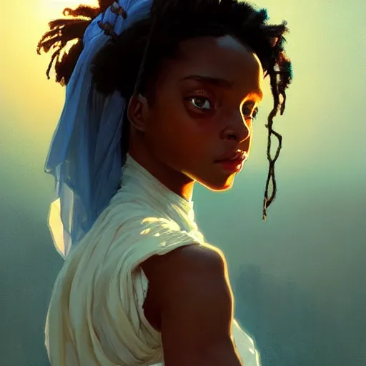 Image similar to a Photorealistic dramatic hyperrealistic bright blue eyes, African American girl, black hair, white veil,by WLOP,Artgerm,Greg Rutkowski,Alphonse Mucha, Beautiful dynamic dramatic bright sunset lighting,shadows,cinematic atmosphere,Artstation,concept design art,Octane render,8k