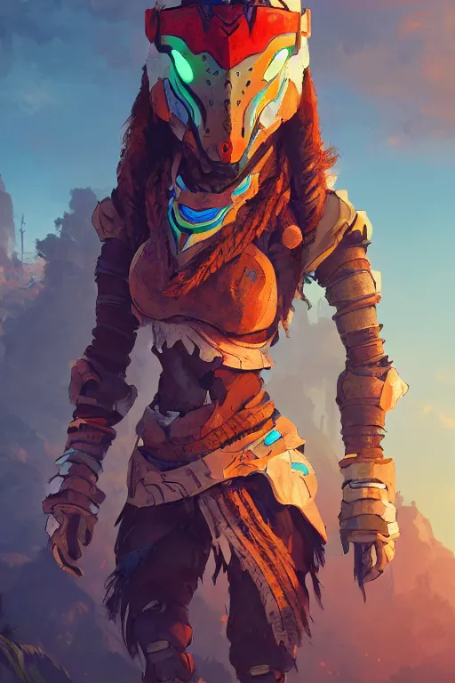 Image similar to combination suit armor aloy horizon forbidden west horizon zero dawn radiating a glowing aura global illumination ray tracing hdr fanart arstation by ian pesty and alena aenami artworks in 4 k tribal robot ninja mask helmet backpack