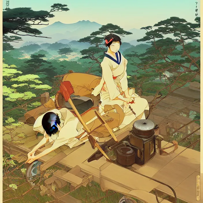 Image similar to japanese countryside, in the style of studio ghibli, j. c. leyendecker, greg rutkowski, artem