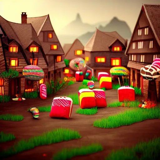 Image similar to Village made of sweets, 4k octane render, detailed art, artstation, streetview, CGSociety, deviantart