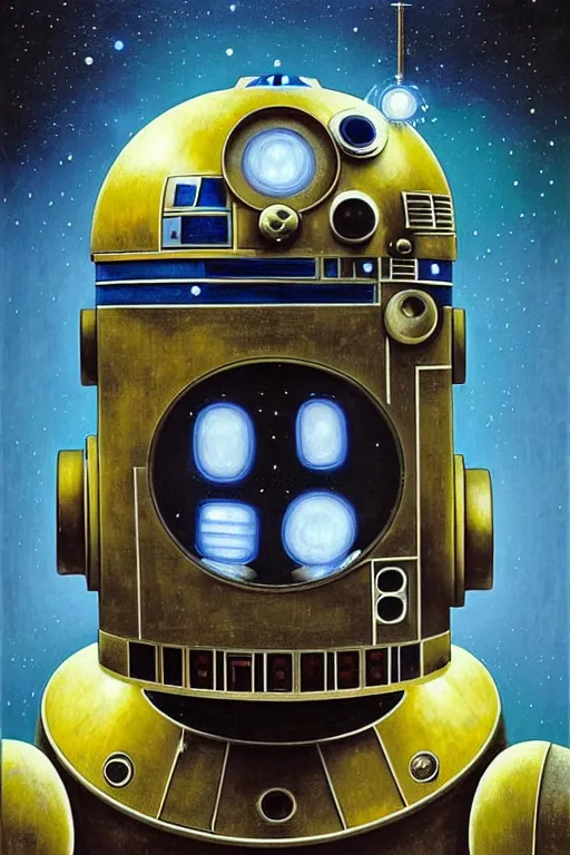 Prompt: 1 9 2 0 s r 2 - d 2 robot, large metal mustache, muted colors, nebula background, glowing yellow eyes, detailed realistic surreal retro robot in full regal attire. face portrait. art nouveau, visionary, baroque, giant fractal details. horizontal symmetry by zdzisław beksinski, gears, alphonse mucha. highly detailed, realistic