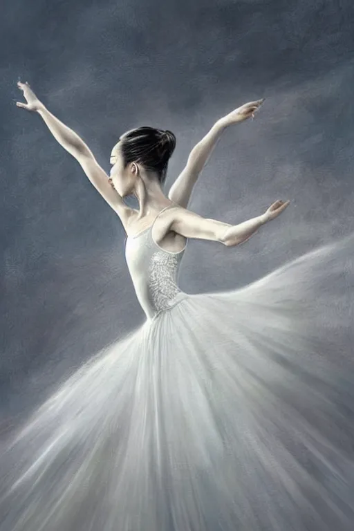 Prompt: prima ballerina dancing in the wind, asian beautiful face, ethereal, bride, beautiful wedding dress, gorgeous, volumetric lighting, elegant, fluid, very highly detailed, digital painting, concept art, illustration, limited color palette, atmosphere and tension, art by greg olsen and liz lemon swindle