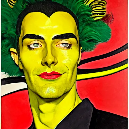 Prompt: art by joshua middleton, a close up portrait of the golden creeper, a tall manically smiling yellow - skinned man with green and black striped cycling shorts and wearing a long red and black striped ostrich feather boa, yellow makeup, mucha, kandinsky, poster, art deco motifs, comic art, stylised design, scarlet feather boa