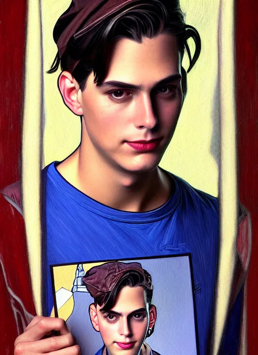 Image similar to oil portrait of jughead jones, intricate, elegant, highly detailed, lighting, painting, artstation, smooth, illustration, art by greg rutowski and alphonse mucha