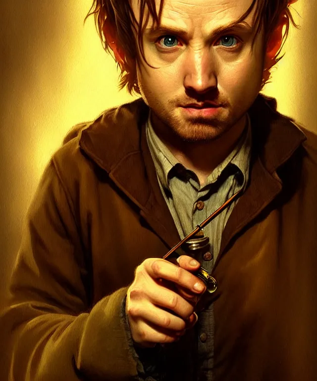 Image similar to portrait hobbit jesse pinkman, smoking a pipe, caricature, headshot, highly detailed, digital painting, artstation, concept art, sharp focus, cinematic lighting, illustration, art by met mangindaan, artgerm and greg rutkowski, alphonse mucha, cgsociety