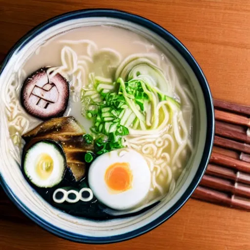 Image similar to A top view of a tonkotsu ramen next to a window on a rainy day